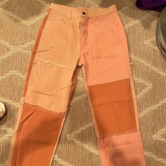 high waist raw hem color block jeans - Picture 2 of 2